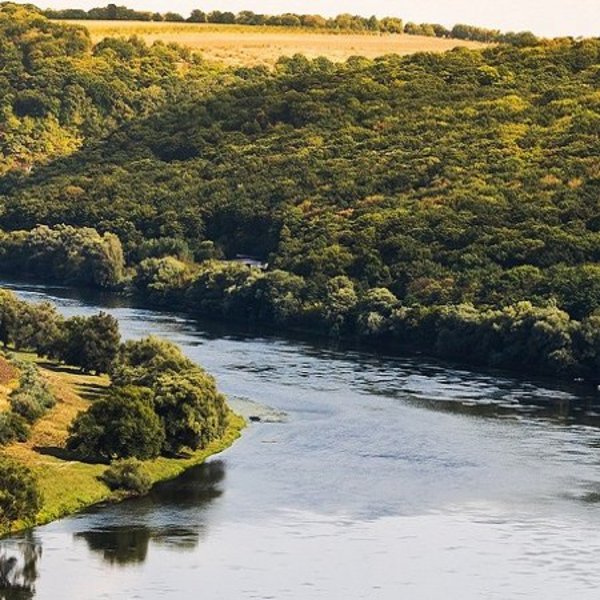 Das Bild zeigt einen Fluss in Moldawien, der von Wald und Feldern umgeben ist.