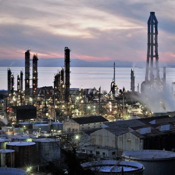 Raffinerie mit Dampf an einem Gewässer