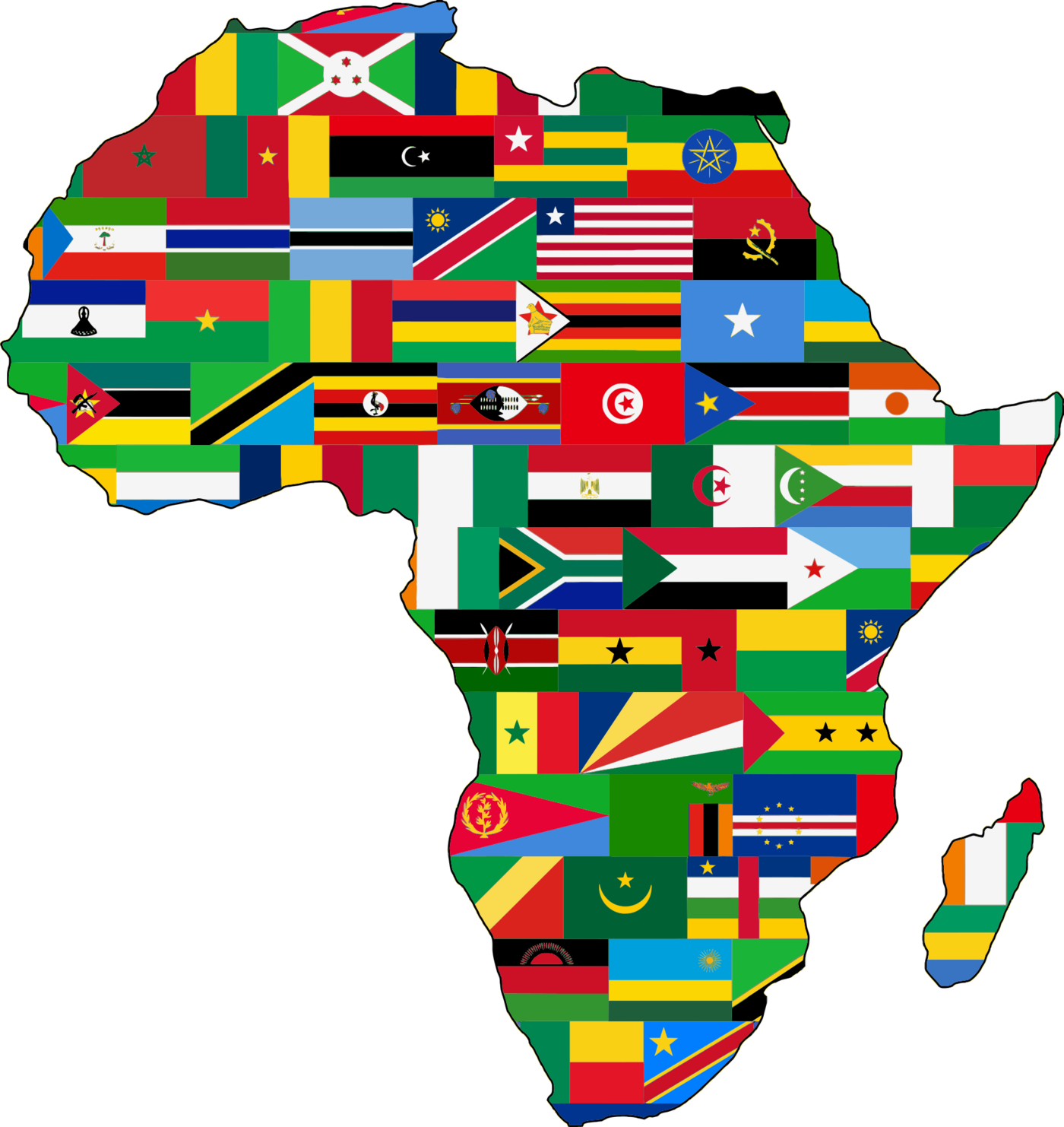 Das Bild zeigt den afrikanischen Kontinent mit den Flaggen aller afrikanischen Länder